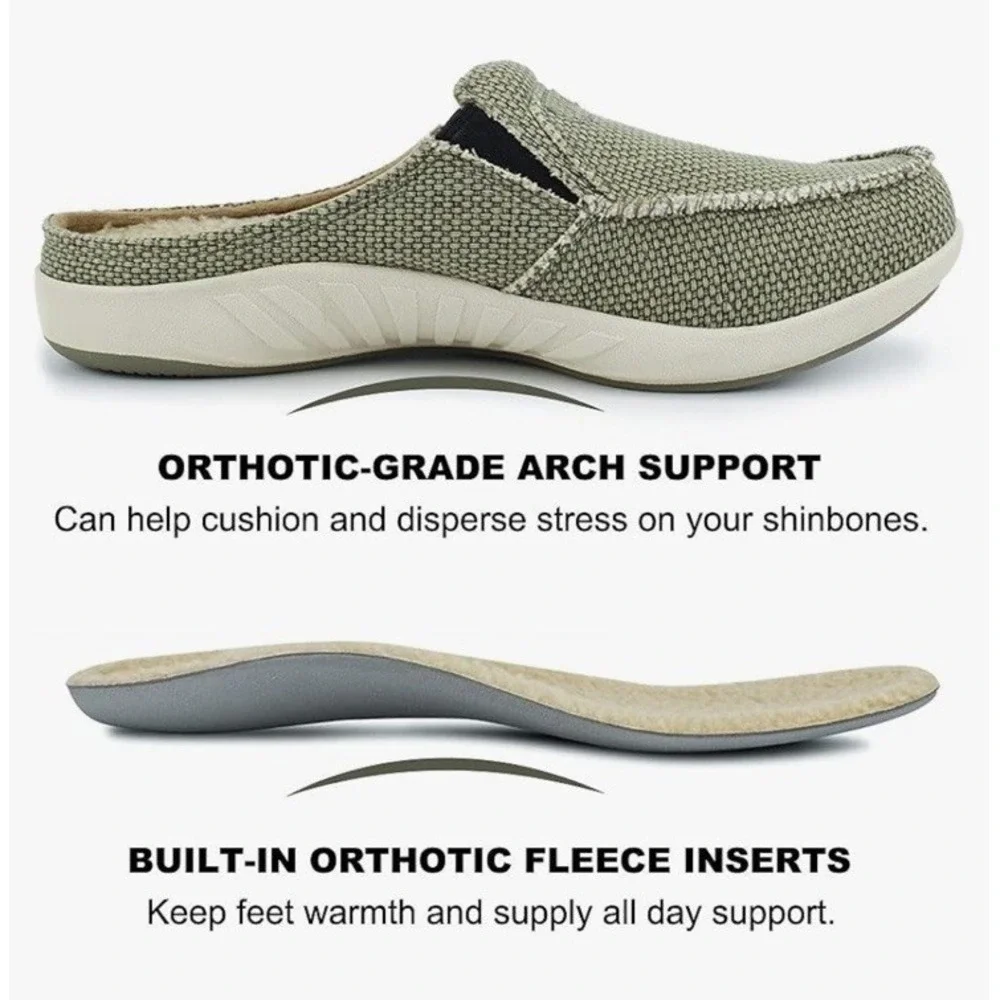 Mens Slippers with Arch Support, Canvas 11 Olive ( Built-in Fleece Insoles ) NEW